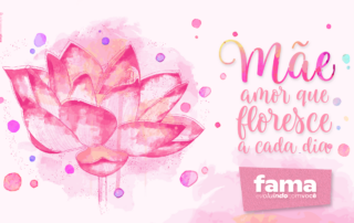 Arte do Dia das Mães do FAMA Colégio com flor em aquarela e mensagem sobre amor materno